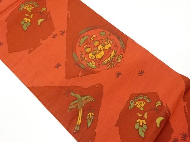 変わり色紙・丸文に花唐草・鳥模様織出し袋帯